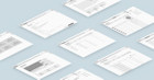 isometric view of white wireframe documents against a blue background