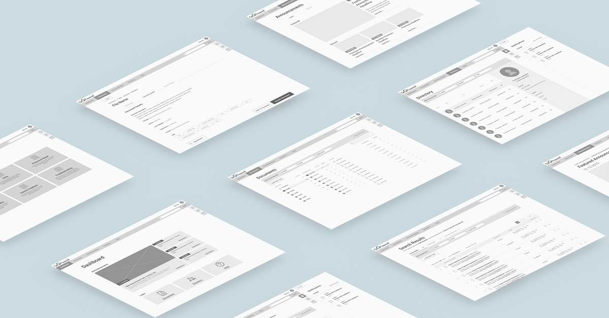 isometric view of white wireframe documents against a blue background